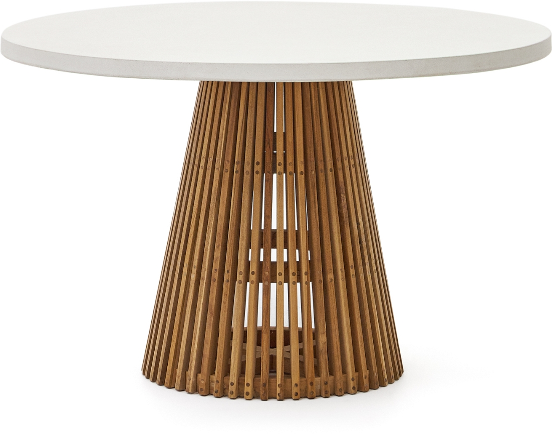 Udendørs Rundt Spisebord Kave Home Alcaufar Hvidt Fibercement Og Teaktræ ø120 H76 Cm