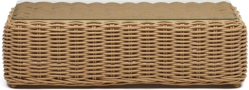 Udendørs Sofabord Kave Home Portlligat   Kunstigt Rattan Med Glas 112x62 Cm Beige Hvid