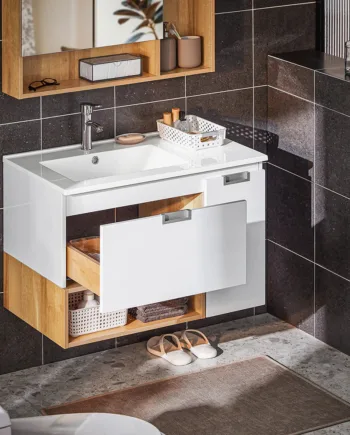 Underskab Med Integreret Vask   Skandi-stil  B80   D46   H54 Cm  Hvid Og Naturfarvet