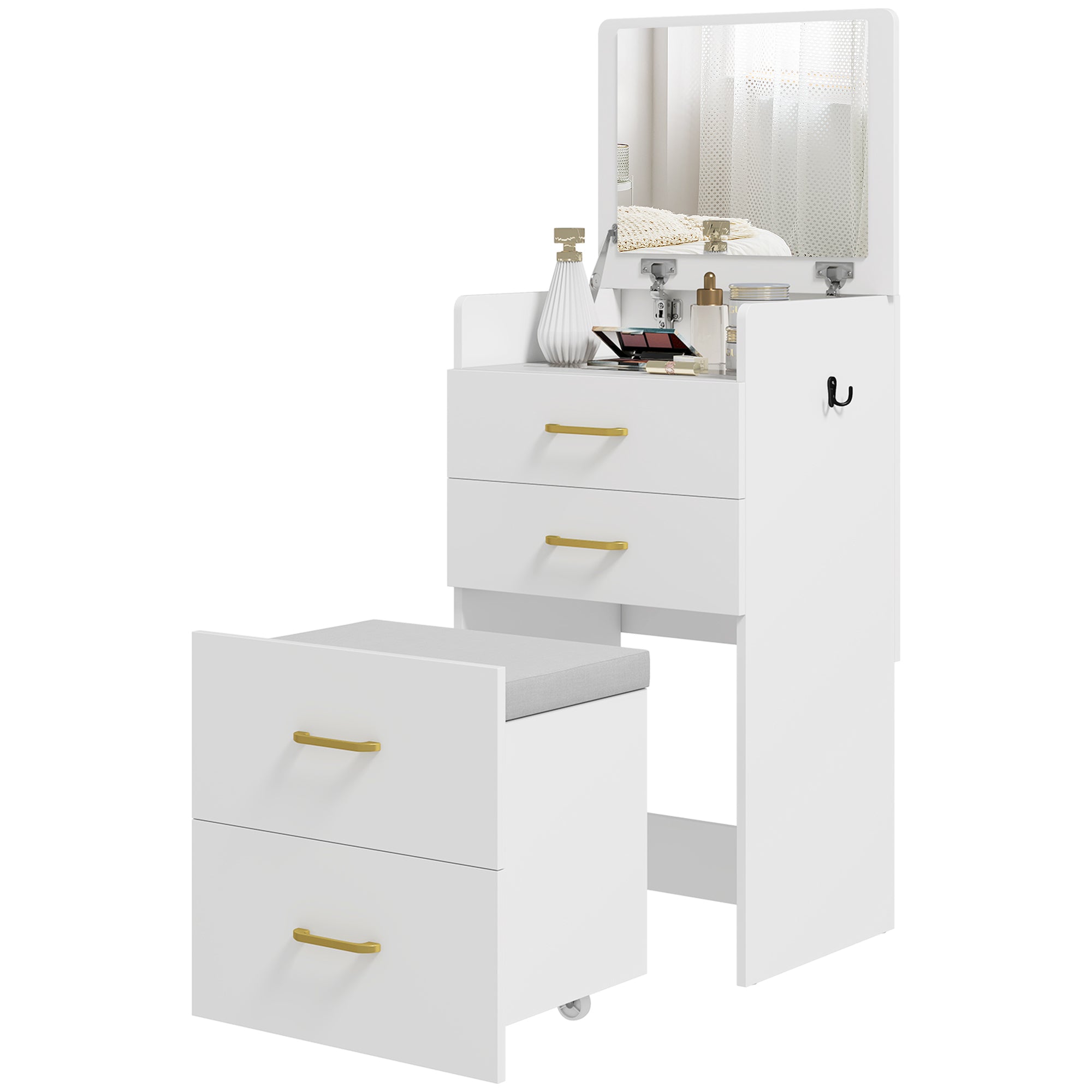 - - Toiletbord Med Spejl Sengebord Rullestol Skuffer Hvid
