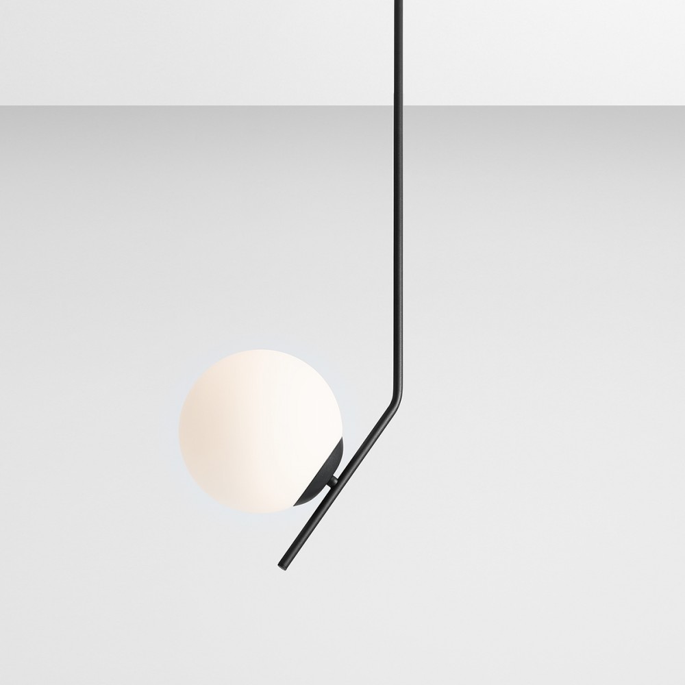 Arts Loftlampe   Sort Metal Og Hvidt Glas  Højde 95 Cm