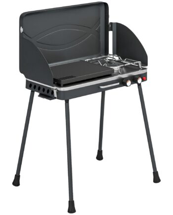 Bærbar Gasgrill    Brændere    Kw   - -  Bordgrill Med Stegefunktion  Foldbare Ben  Grillrist  Vindskærm  Låg Og Låsemekanisme
