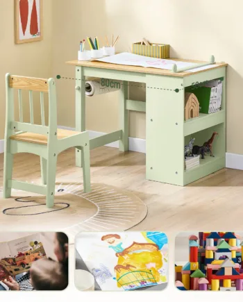 Børnebord Og Stol Sæt Med Papirrulleholder   Grøn  80   66   50 Cm