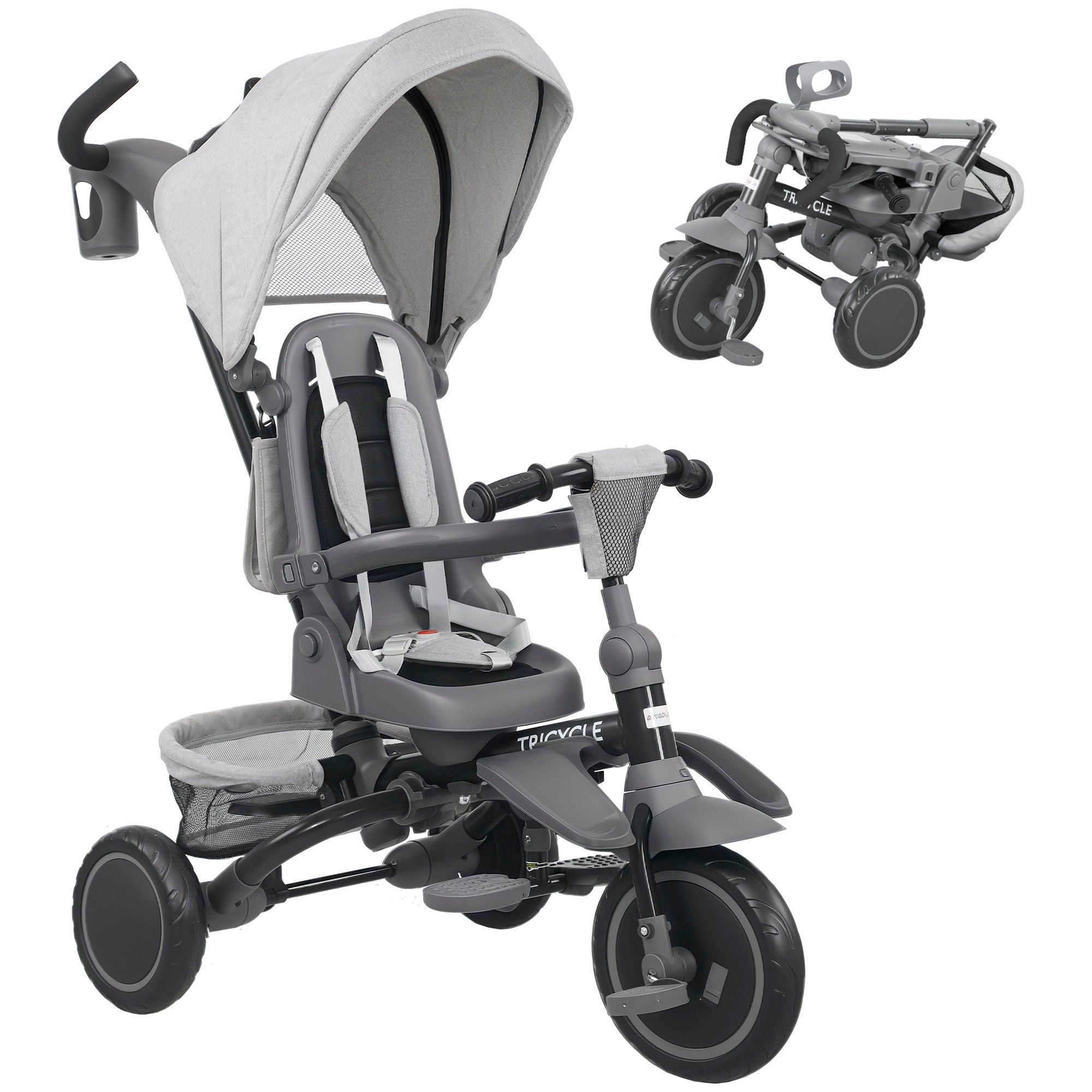 Børnetrecykel - - Klapvogn Til Småbørn Med Skubbehåndtag Justerbart Sæde Foldbart Design Sikkerhedsnet Grå