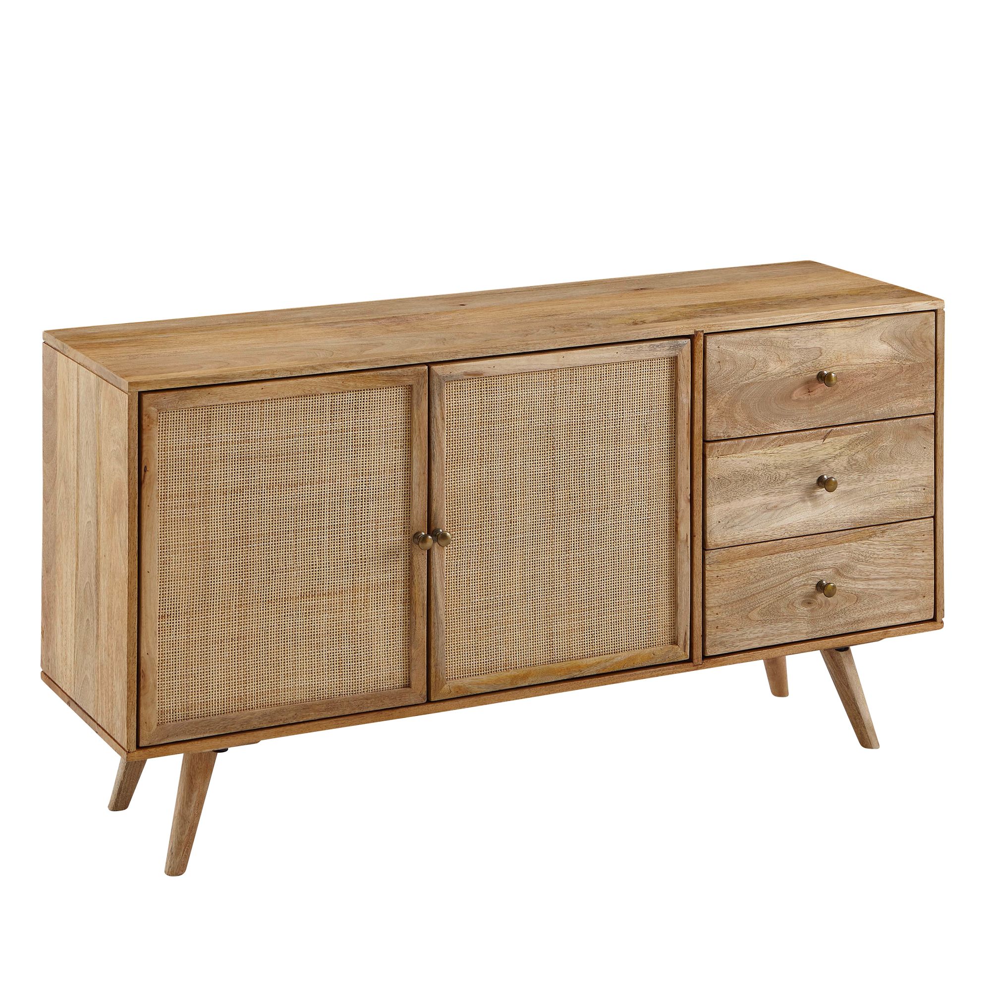Designer Skænk 140x75x40 Cm Massivt Træ Rattan Japandi-look Naturfarvet