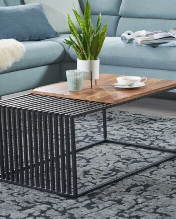 Designer Stuebord   Sofabord   Industrielt  Japandi Stil  Massivt Træ Og Metal  Håndlavet  90x55x40 Cm