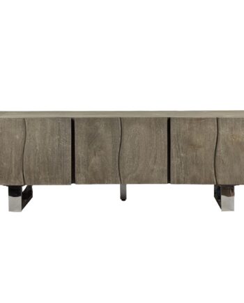 Designer Tv-bord   Massivt Akacietræ  Røget Grå  160x56x46 Cm  Tre Låger  Metalben  Industrielt Look