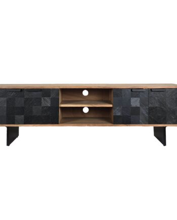 Designer Tv-bord   Massivt Træ  150 Cm  Stenlignende Fronter Og Metalstel  Industrielt Look
