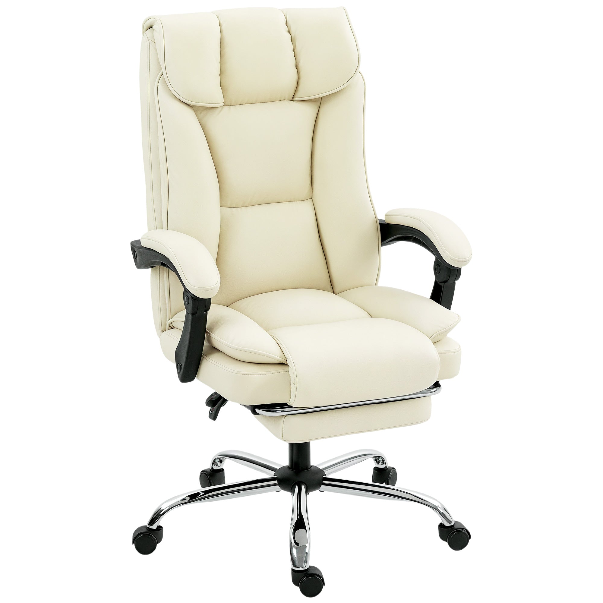 Ergonomisk Kontorstol Med Fodstøtte  Kunstlæderbetræk  Hjul  Drejelig  Metal  Beige Sort