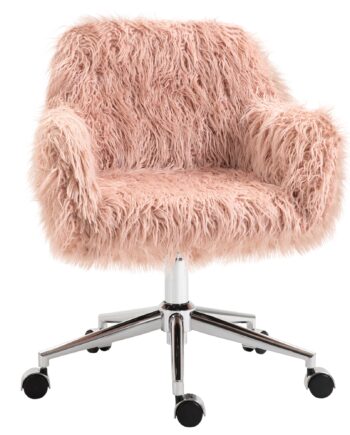 Executive Chair Drejestol Computerstol Makeupstol Med Kunstpels Sædehøjdejustering Til Piger Kunstpelsskum Pink Sølv 57   60   75-85 Cm