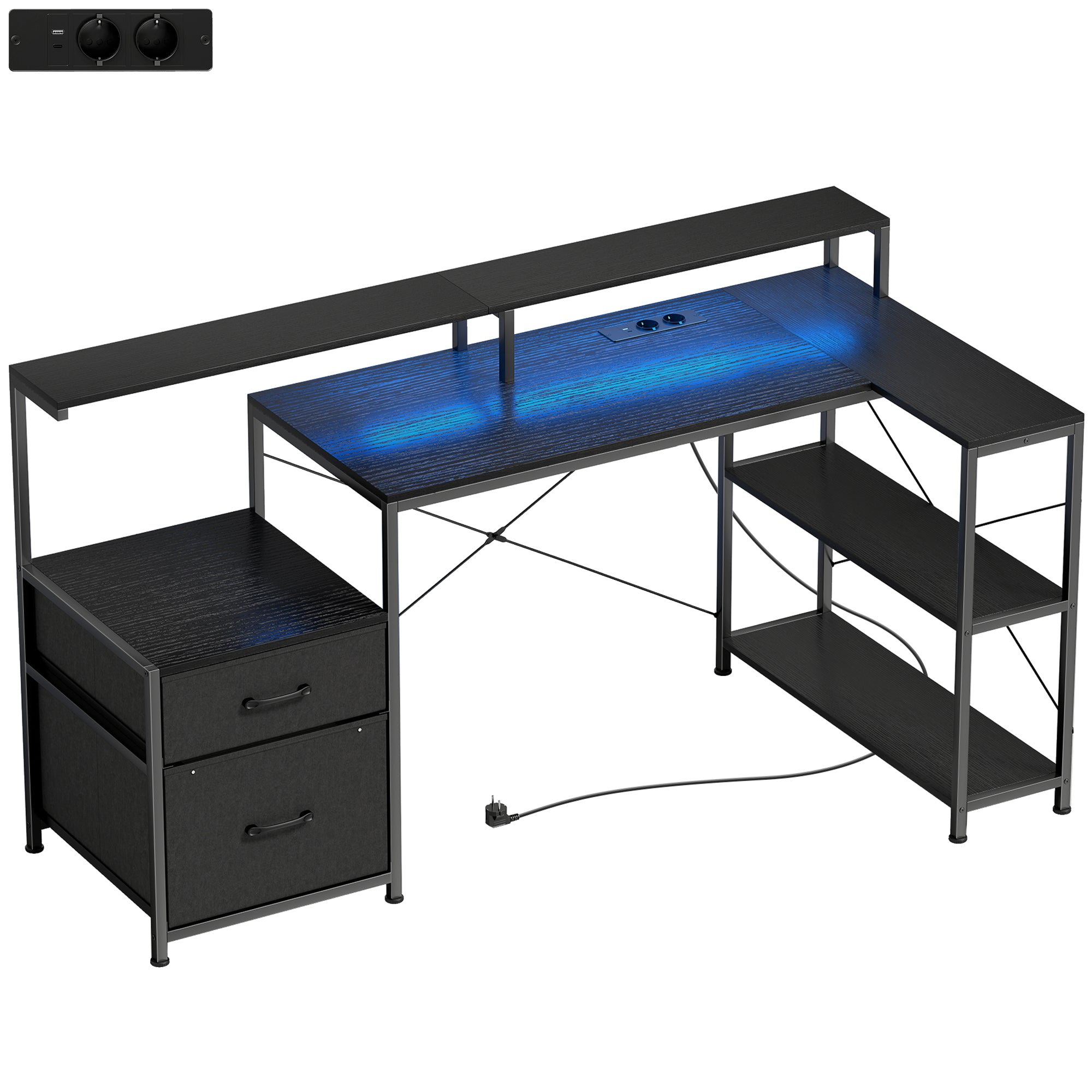 Gamingbord   -formet  Med Led-belysning Og Stikkontakter  Med Dobbelt Skærmstativ  165x80x91   Cm  Sort Trælook