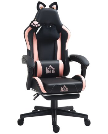 Gamingstol Med Katteører  Lænelæn  Udtrækkelig Fodstøtte  Op Til 120 Kg  Pink Sort