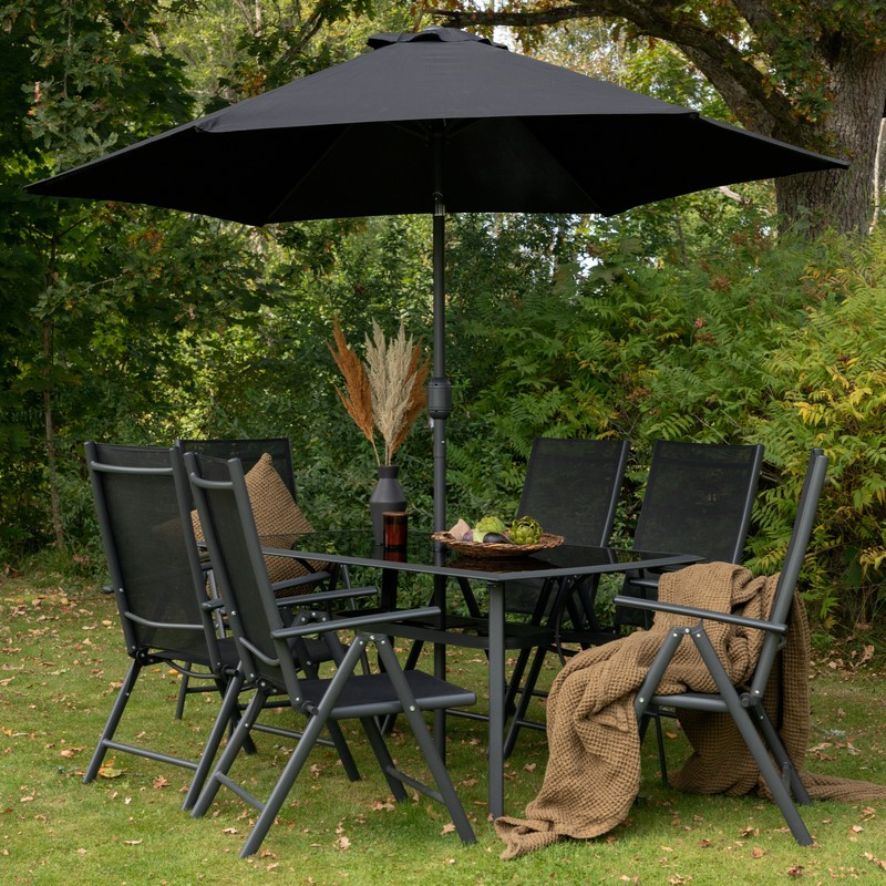 Garda Spisebordsset Med Bord  Seks Stole Og Parasol   Sort Aluminium