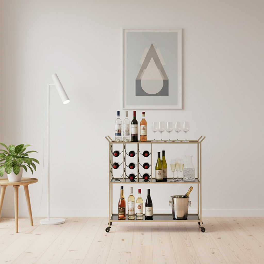 Glam Rullevogn Med Guldfarve  Metal  Glas Og Pu   79x39x5 Cm