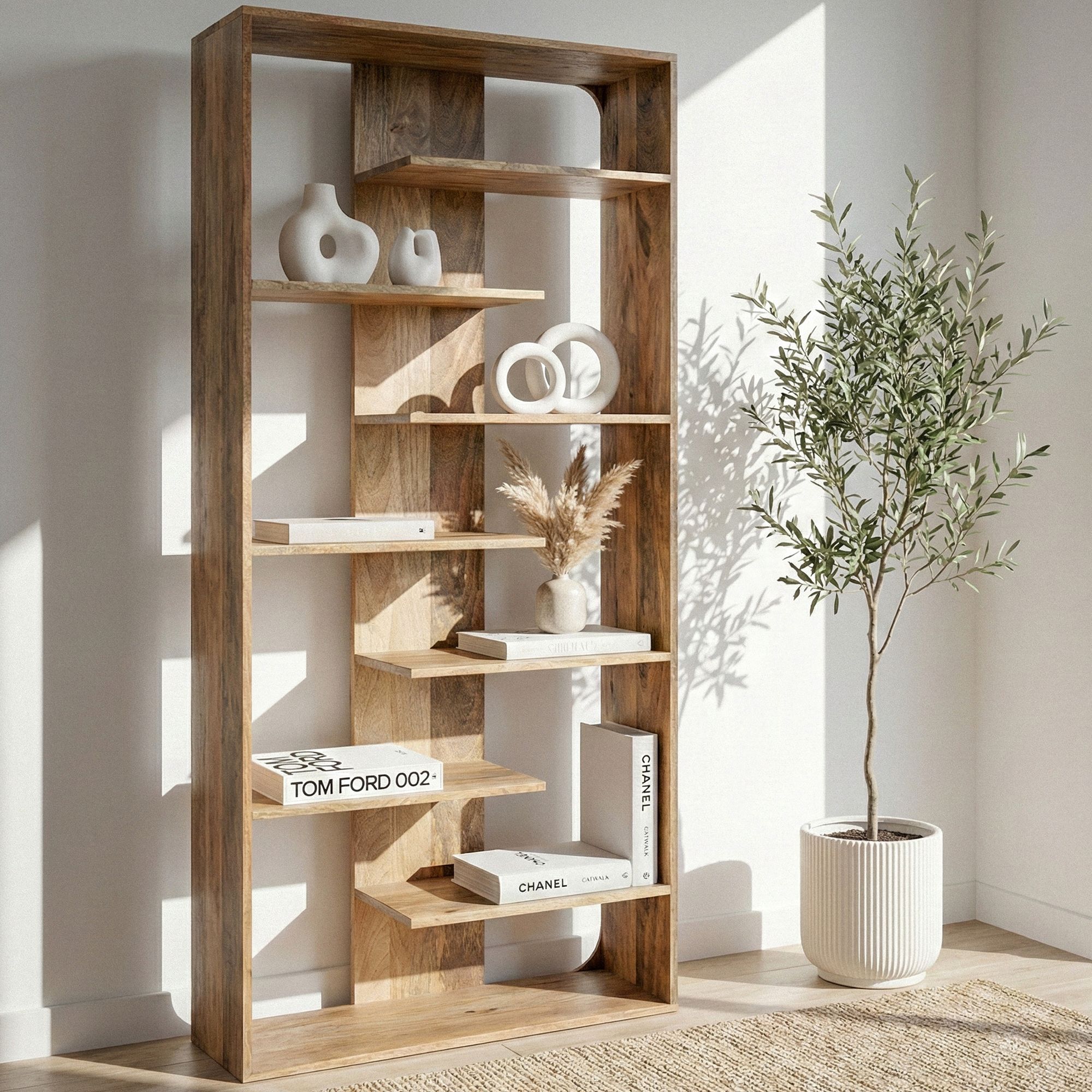 Håndlavet Dekorativ Designer Bogreol 200cm Massivt Mangotræ Bredde: 90 Cm Højde: 200 Cm Dybde: 40 Cm