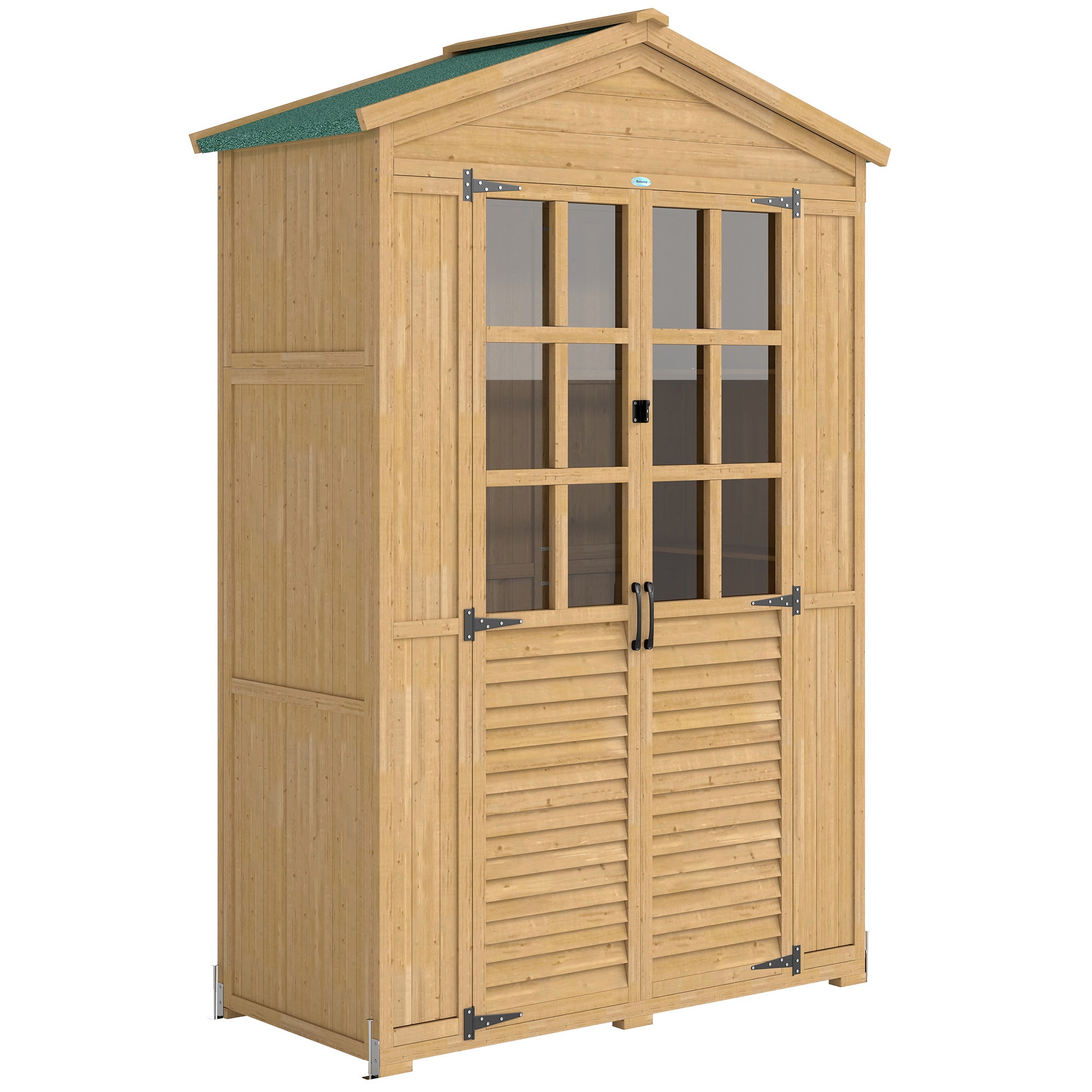 Haveskab   Træ Med Hylde  Aflåselig Dør  Bundplade  Asfalttag  Ventilationspanel  128x57 5x197cm