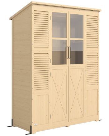 Haveskab   Træ Med Hylde  Akrylvinduer  Dobbeltdøre  Asfalttag  Lamelventilation  Bundplade  147x68x198cm