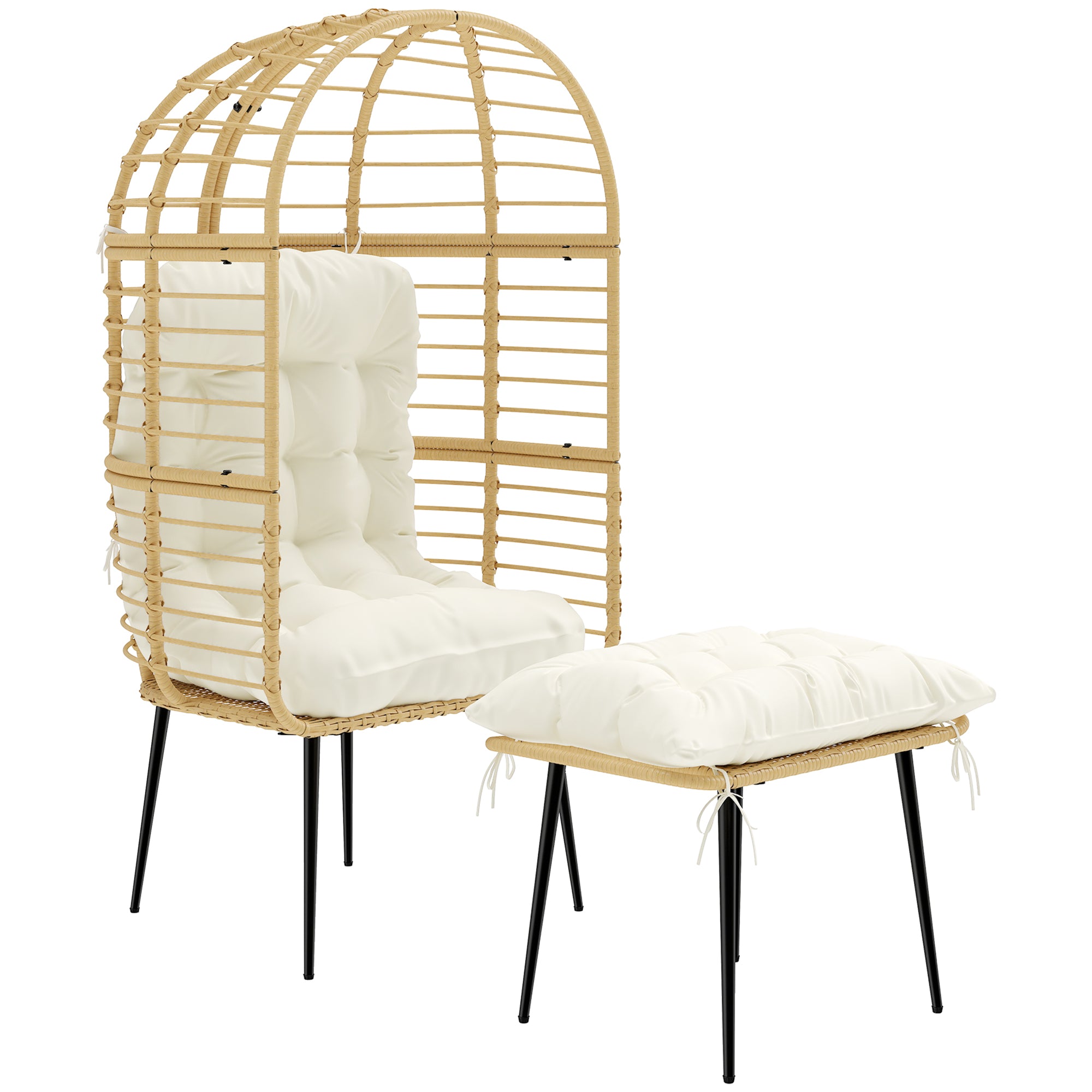 Havestol Med Fodskammel  ægformet Fletstol   Pe-rattan Med Lange Og Tykke Hynder  Metalstel  Beige