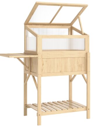 Højbed Med Kold Ramme Af Træ  Plantekasse Med Drivhus  Foldbar  Sidebord  Opbevaringsrum  Naturtræ