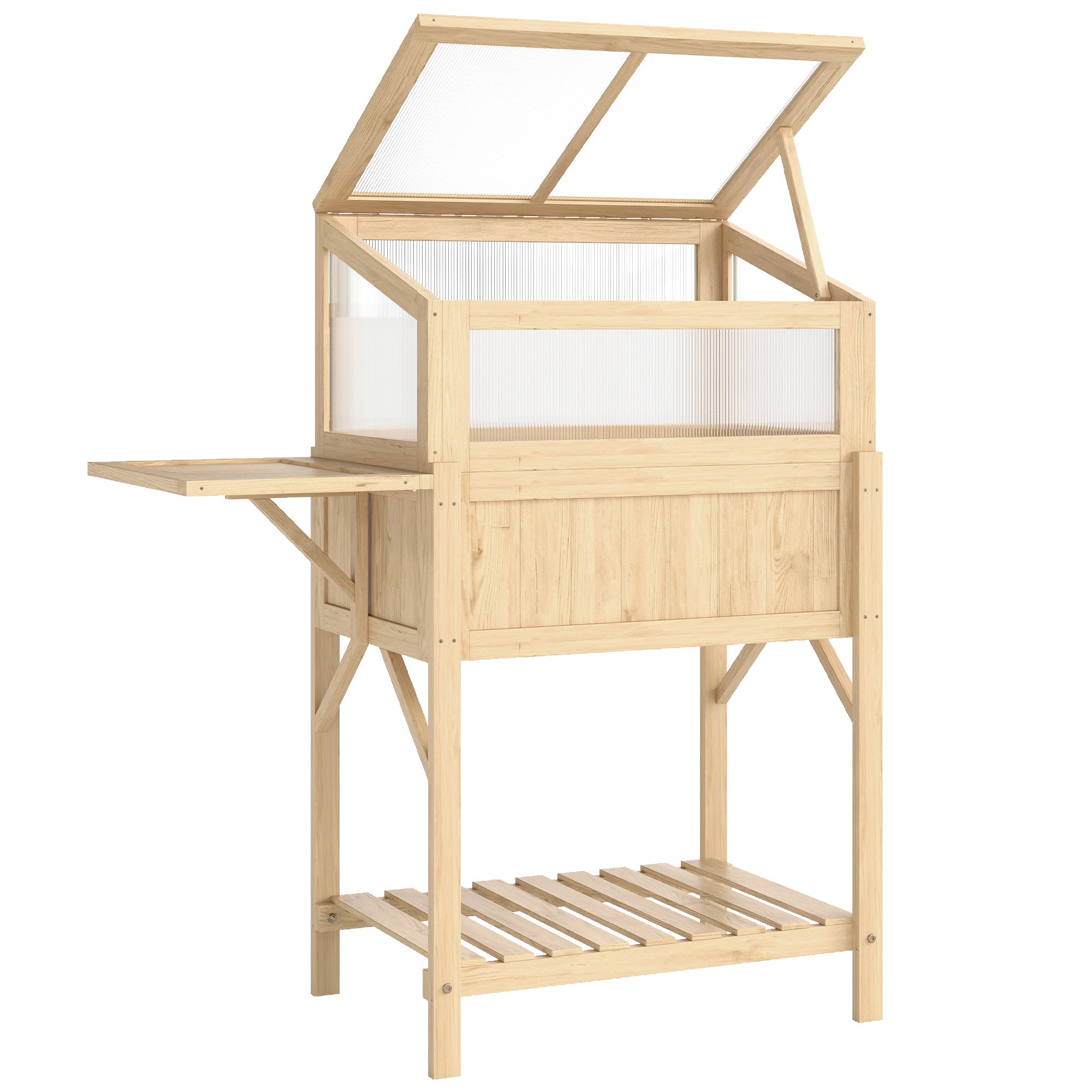 Højbed Med Kold Ramme Af Træ  Plantekasse Med Drivhus  Foldbar  Sidebord  Opbevaringsrum  Naturtræ