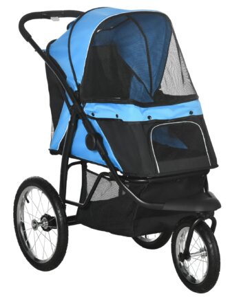 Hundevogn Med Joggerfunktion Op Til 20 Kg  Foldbart Netvindue  Opbevaringskurv  Blå  111   58   107 Cm