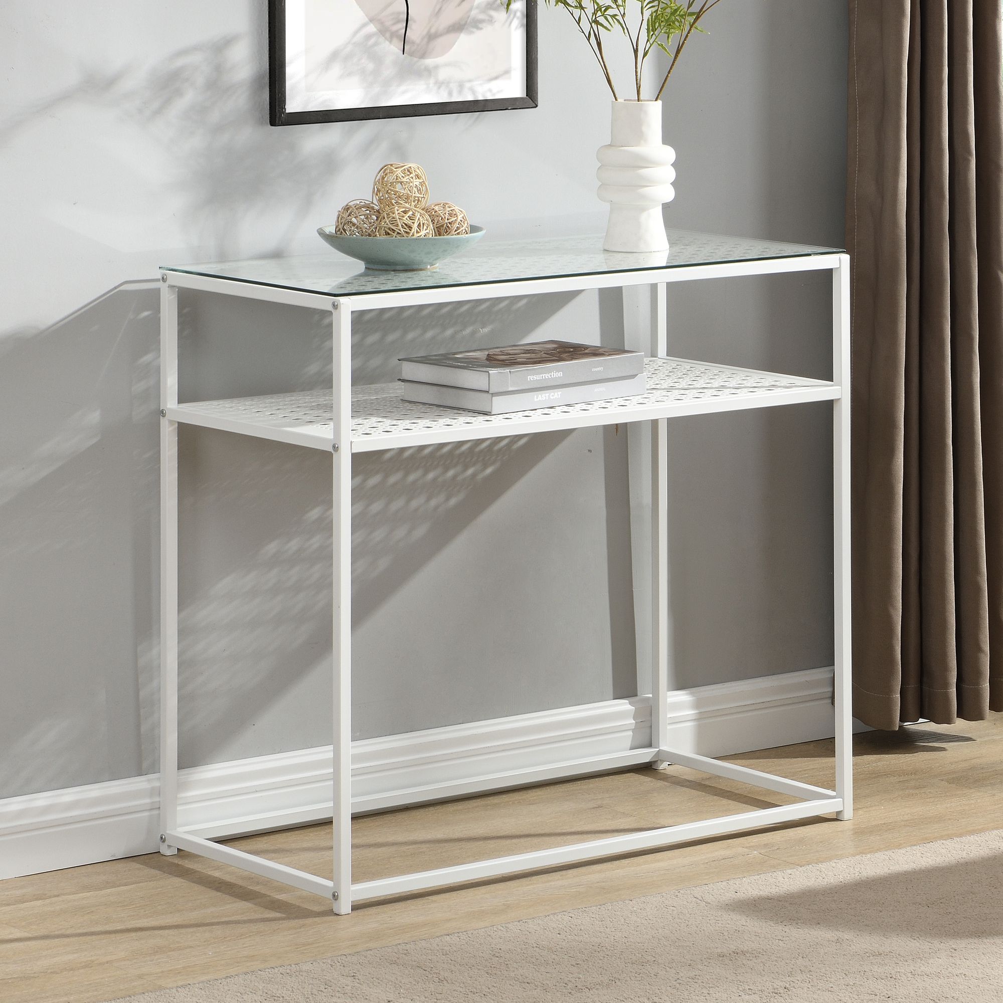 Konsolbord Glas Og Metal 80x40x77 Cm Entrebord Hvidt Smalt Sidebord Til Entré Med Glasplade Og Metalstel Designer Glasbord Med Hylde