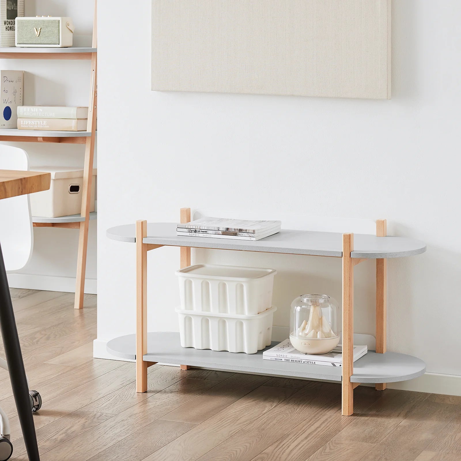 Konsolbord Med   Hylder  L100   B33   H52 Cm  Mdf Og Bøgetræ  Grå