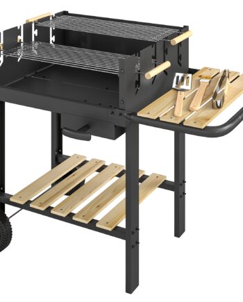 Kulgrillvogn Med  -positioners Højdejusterbar Grillrist    Træhylder    Hjul  Askebeholder  99     58   82 Cm
