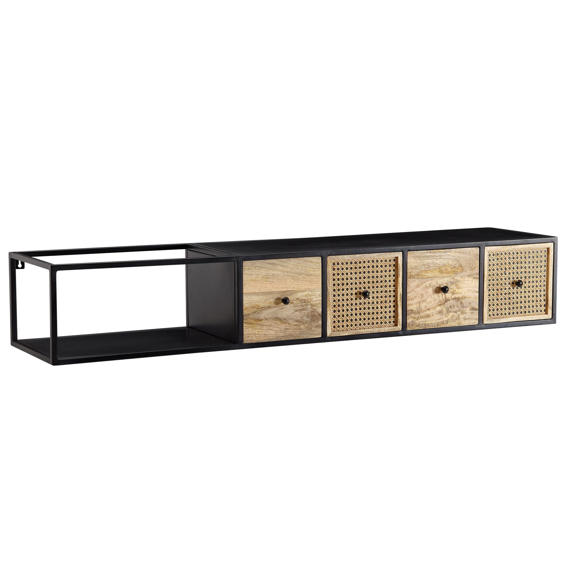 Lowboard Tv-bord Til Væggen  Massivt Træ Og Metal  150x25x35 Cm  Sort Og Naturfarvet