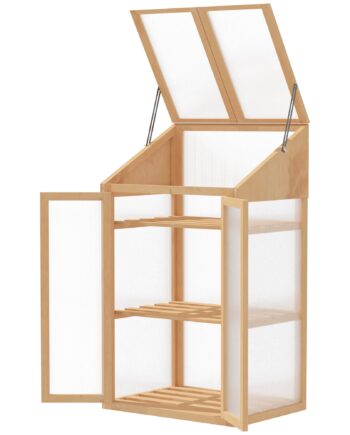 Mini Drivhus  Lille Drivhus Med Træramme  Vindue Og Dobbeltdør    Hylder  70l   50b   120h Cm  Brun