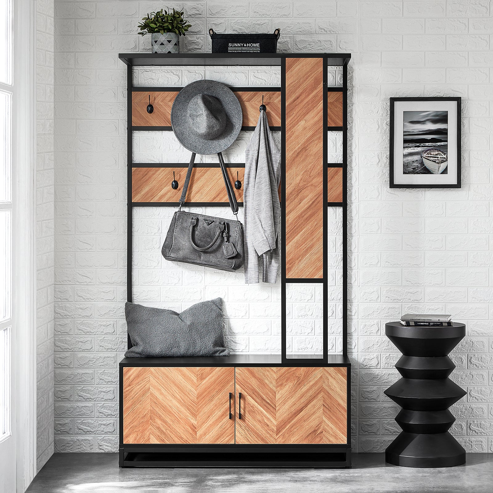Multifunktionel Garderobe Med Skoskab Og Bænk   Smuk Japandi-stil  100x40x180 Cm
