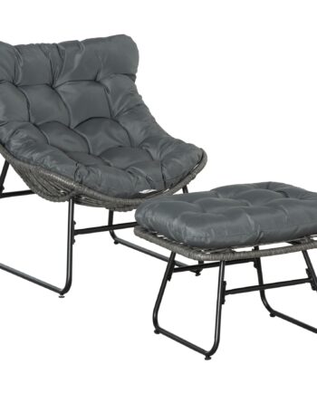 Rattan Afslapningsstol Med Fodskammel  Havestol Med Tykke Hynder  Udendørs Rattanstol  Havestol Til Have  Balkon  Terrasse  Grå