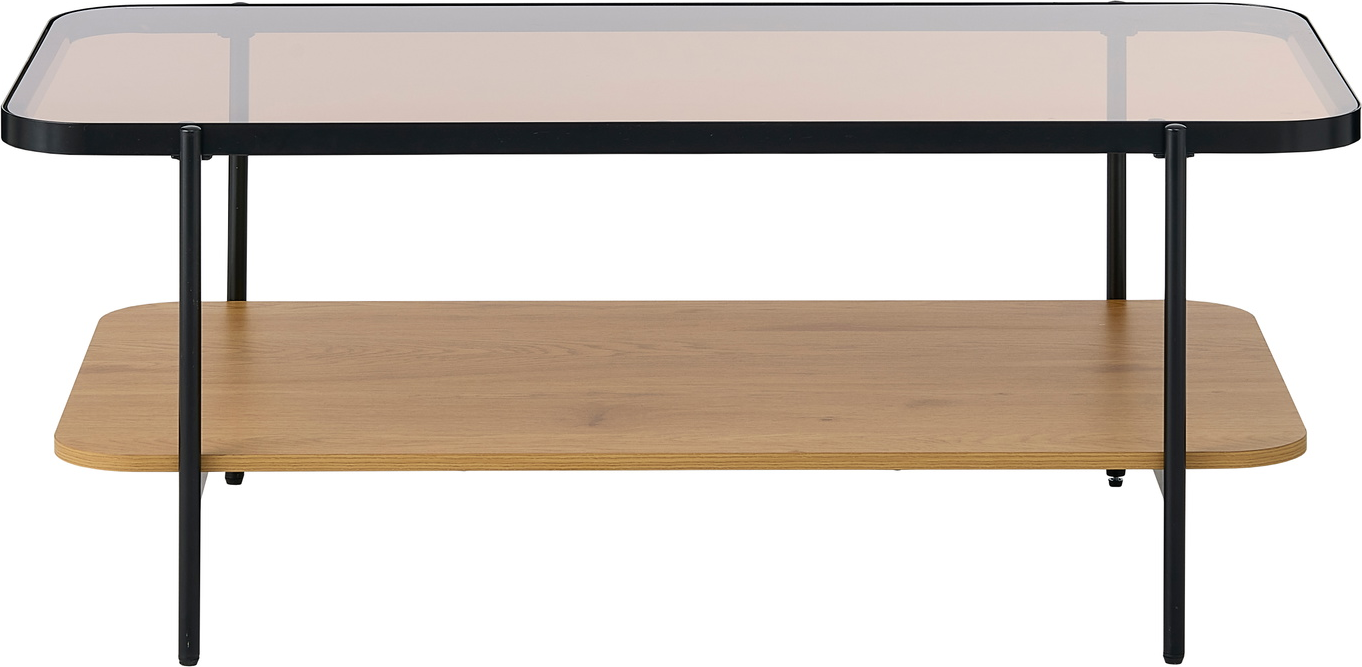Rundt Sofabord Kaffebord Nordique Design Hassel Natur Sort Glasplade Træramme Og Metalben