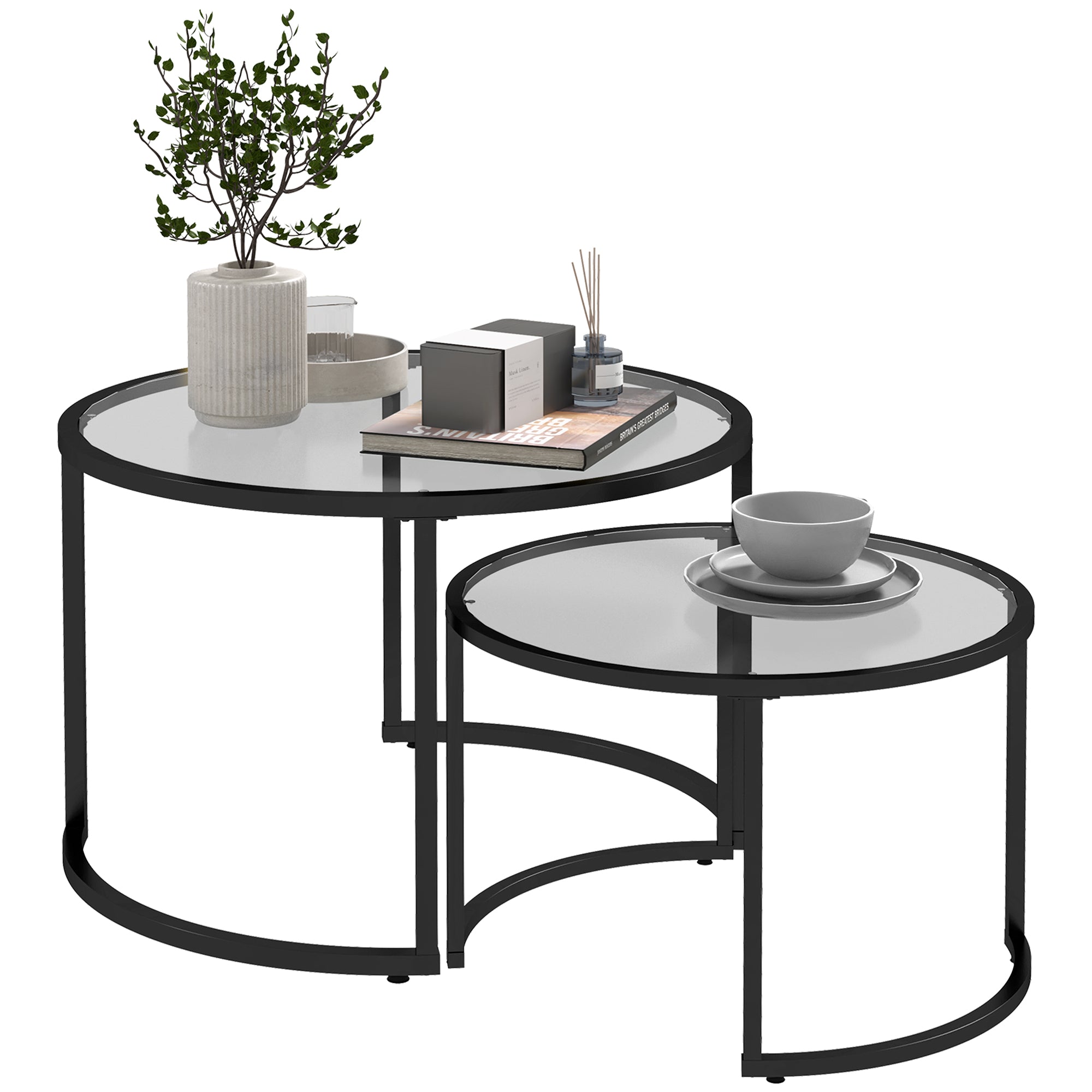 Sæt Med Sideborde Sofaborde Industridesign Glasborde Stabelbare Sort Transparent