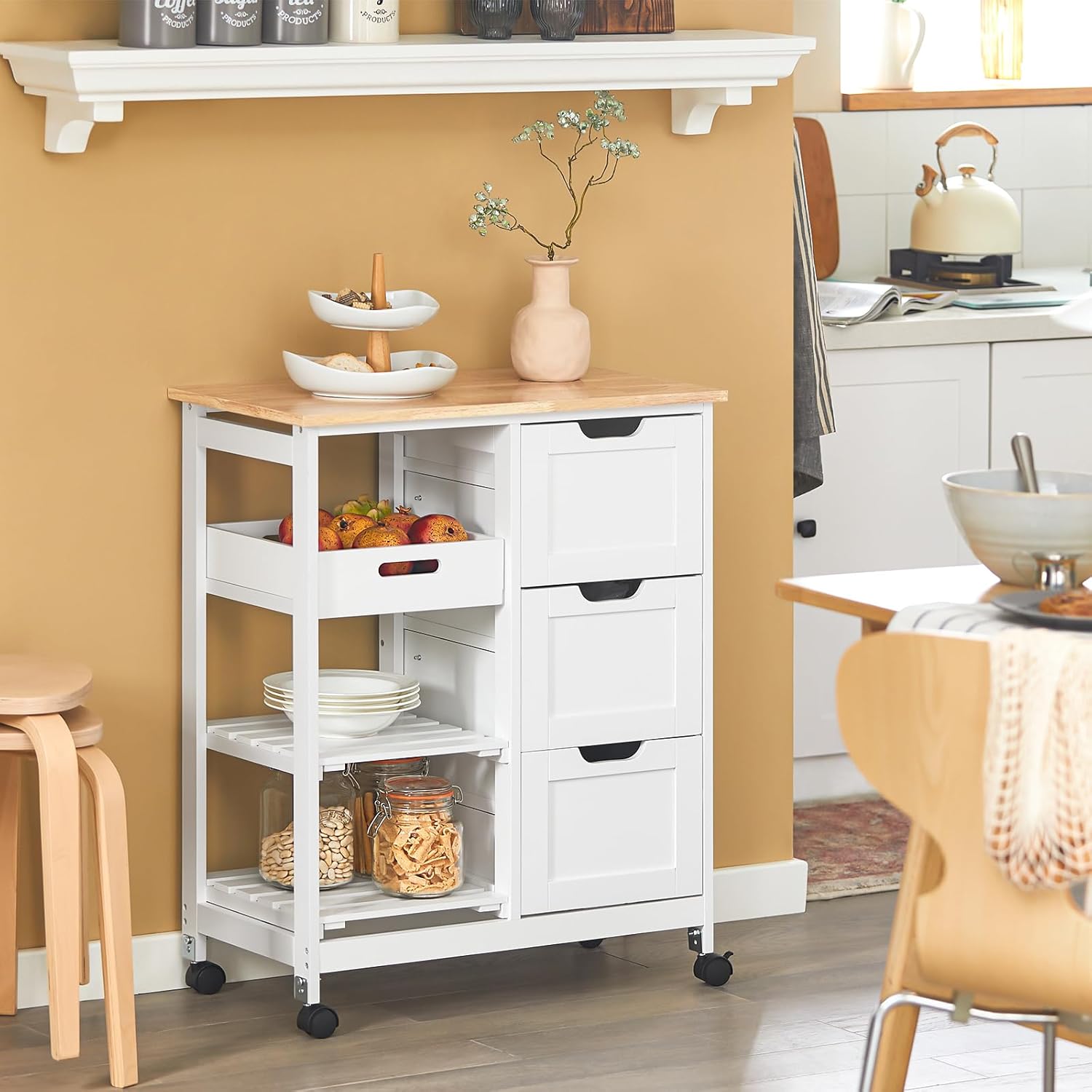 Serveringsvogn Med Hjul Køkkenvogn Med Aftagelige Hylder Og Bakke B68 D38 H85 Cm Hvid