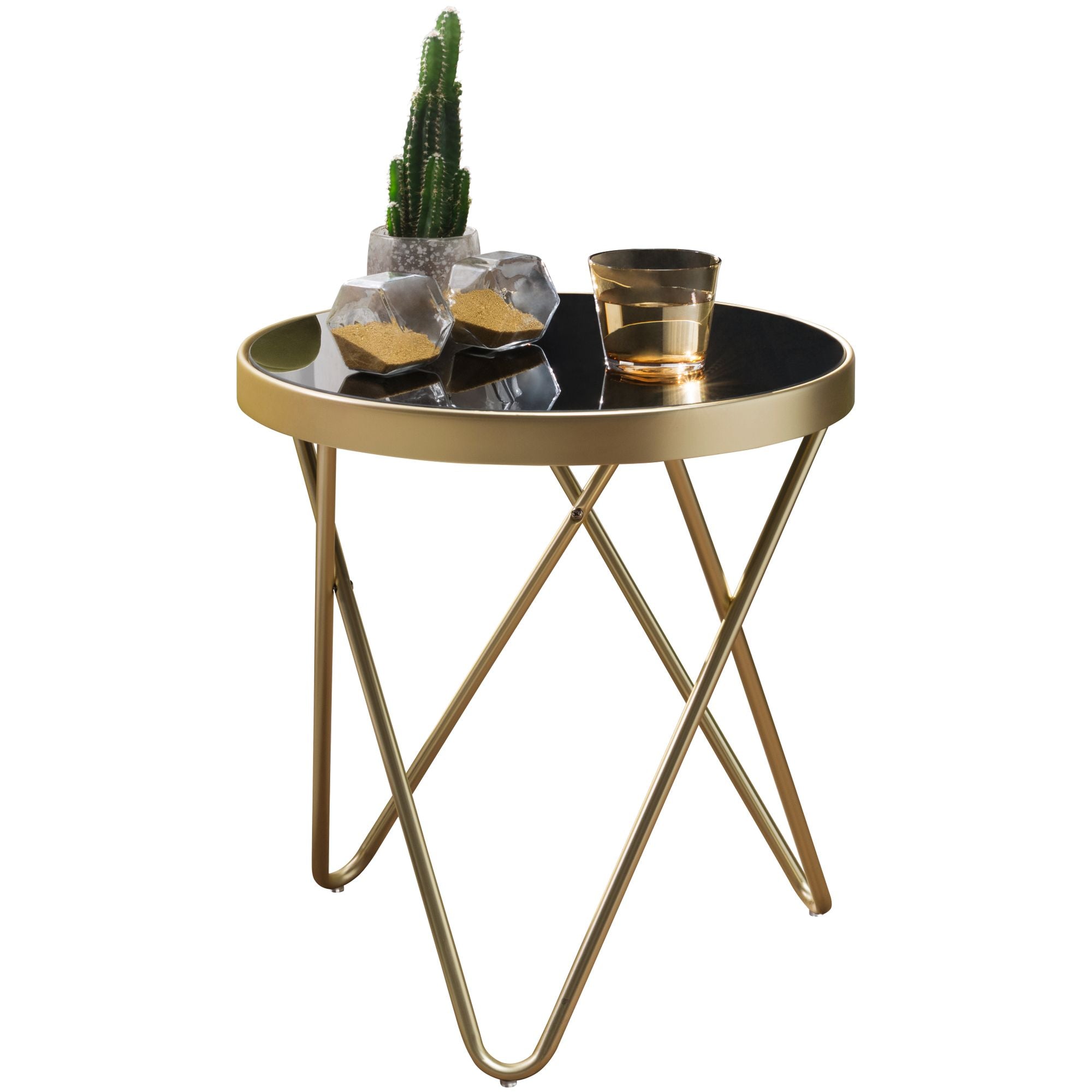 Smukt Sofabord   Sidebord Med Sort Glasbordplade  42 Cm