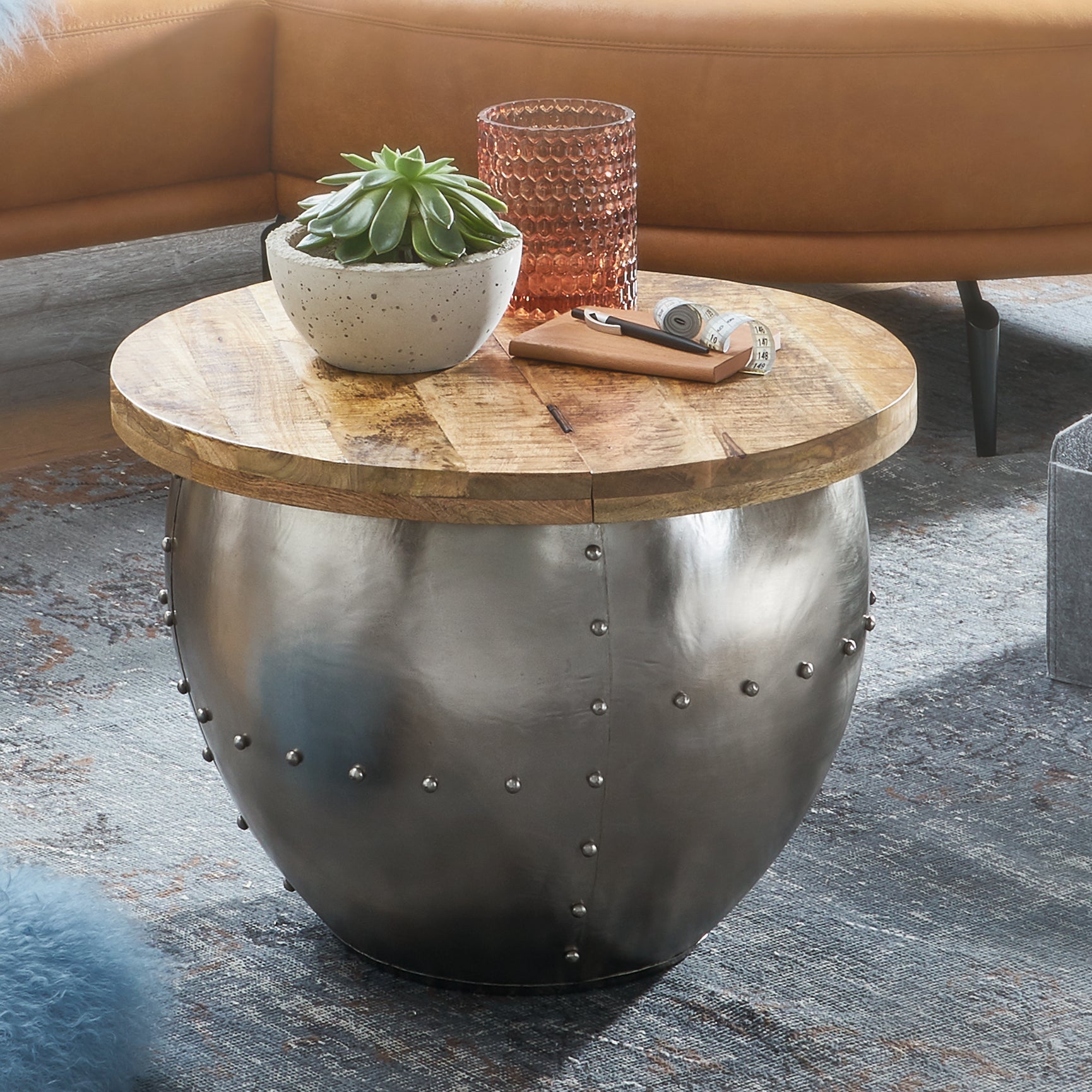 Sofabord   Massivt Træ   Metal  60x43x60 Cm  Industrielt Look  Natur- Og Sølvfarvet