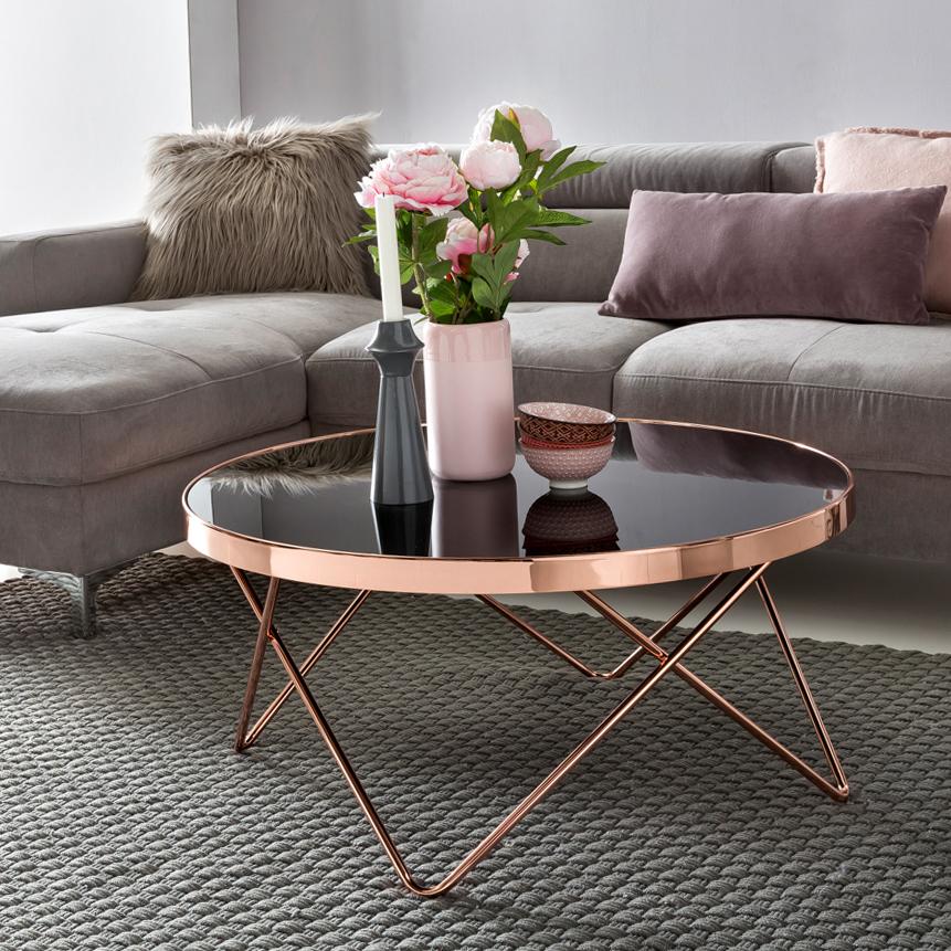 Sofabord   Metal Og Glasplade  Glam-stil  Kobberfarvet Og Sort