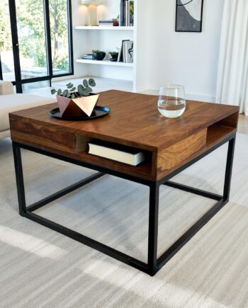 Sofabord 60x60x40 Cm  Massivt Sheeshamtræ Metal  Firkantet Sofabord  Stuebord Med Opbevaring  Sofabord   Massivt Træ  Lille Sidebord  Moderne Firkantet Stuebord