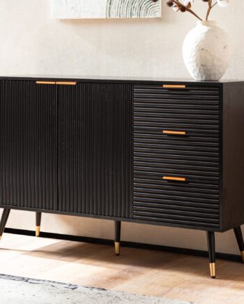 Stilfuld Kommode   Skænk  120x80x40 Cm  Sort Med Guldfarve På Ben