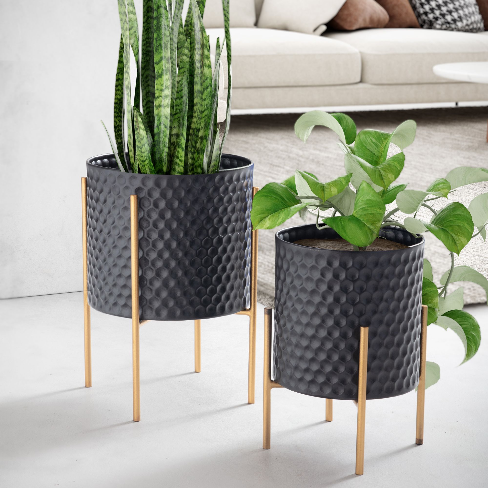 Stilfulde Urtepotter Til Dine Planter  Sæt Med    Honeycomb Mønster   3d  Sort Og Guldfarvet