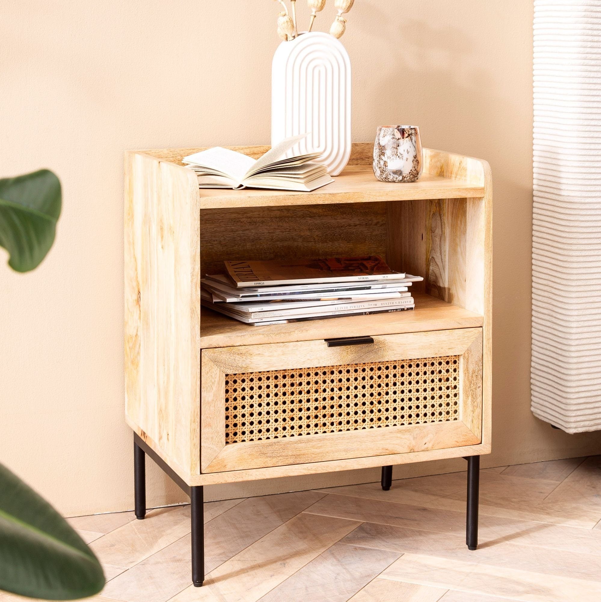 Stilfuldt Sengebord   Massivt Træ   Rattan 50x60x40 Cm  Naturfarvet