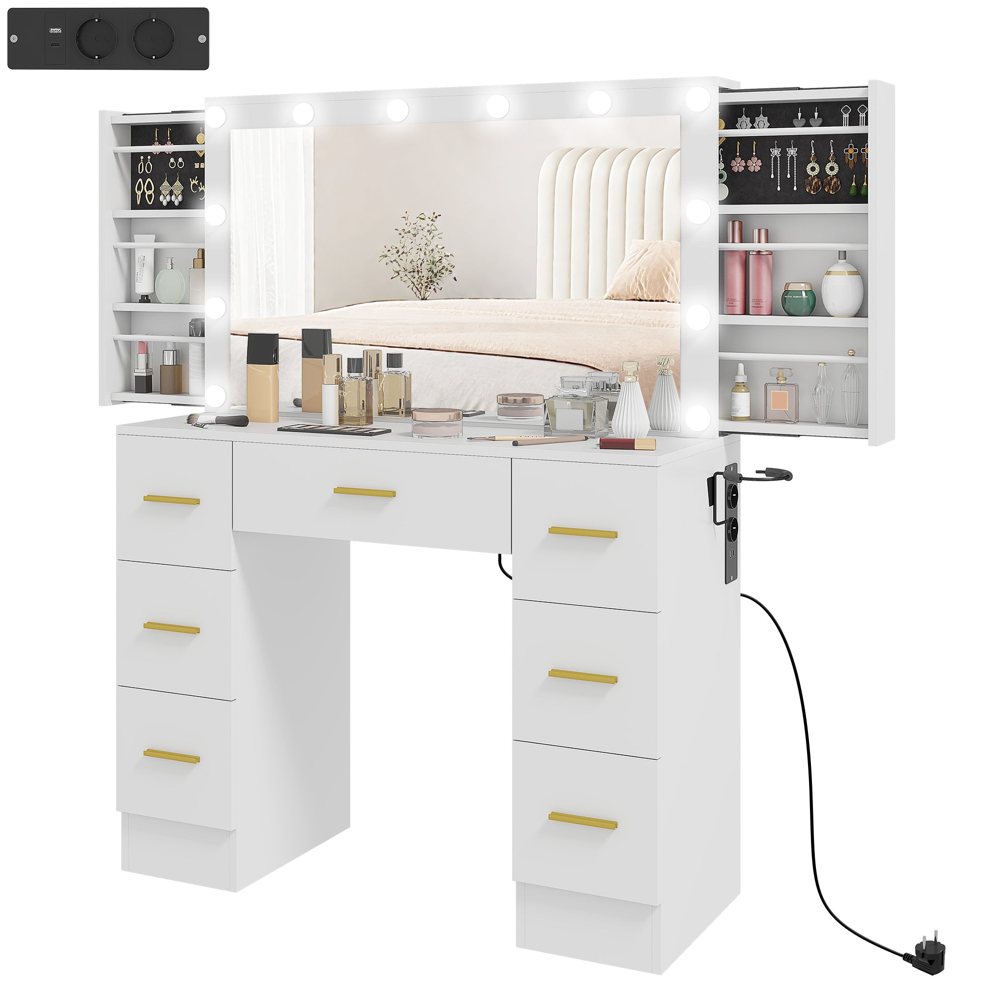 Toiletbord Med Spejl Og 12 Led-lys  Sminkebord Med   Skuffer  Spånplade  Hvid
