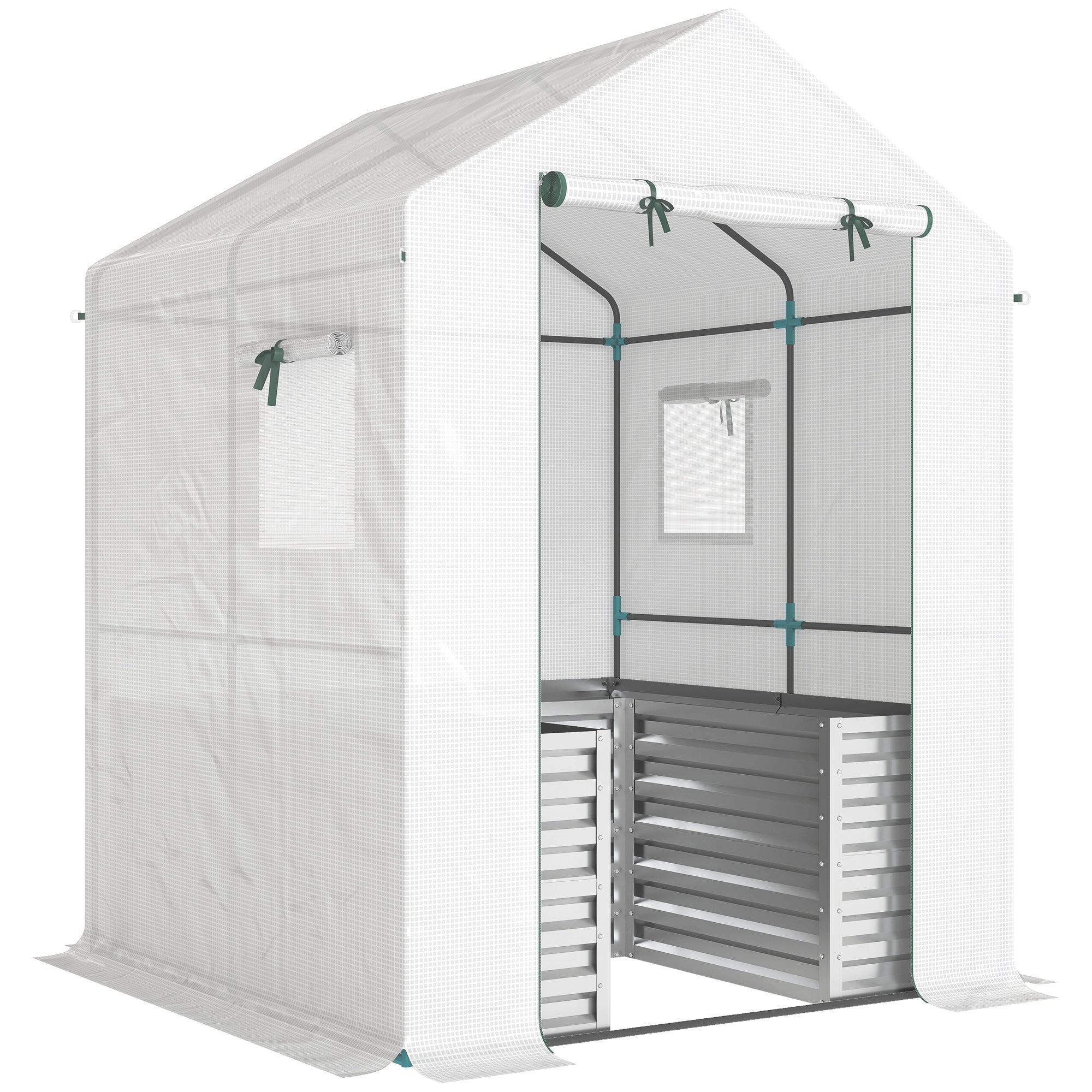 Tomatdrivhus  Polytunneldrivhus Med Højbed  Rulleport  Vindue  Skrånende Tag  141   141   190 Cm  Hvid