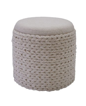 Uldpuf Med Opbevaring  Rund  40x40x45 Cm  Med Aftageligt Låg  Håndlavet Sidebord   Boho-stil  Cremehvid