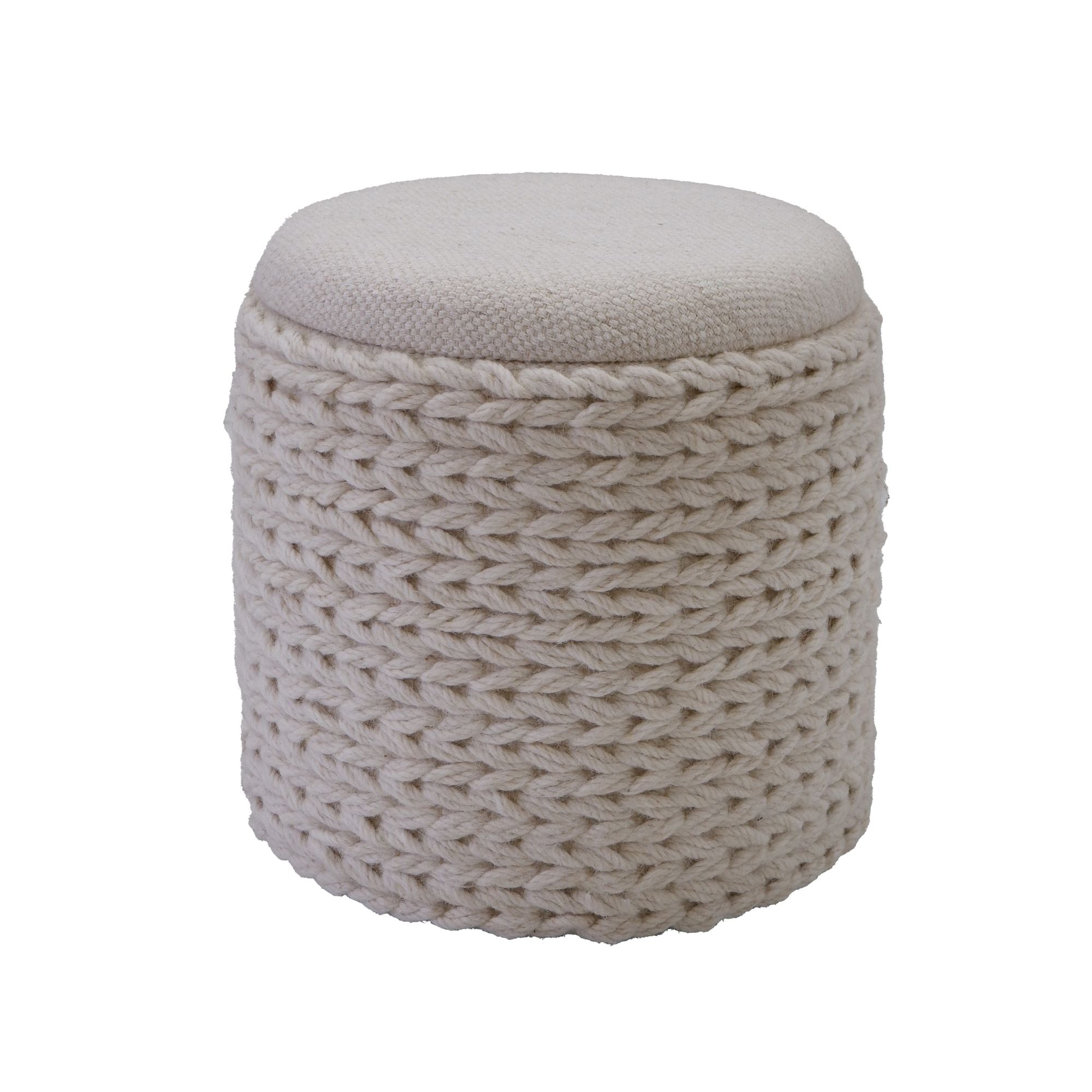 Uldpuf Med Opbevaring Rund 40x40x45 Cm Med Aftageligt Låg Håndlavet Sidebord Boho-stil Cremehvid