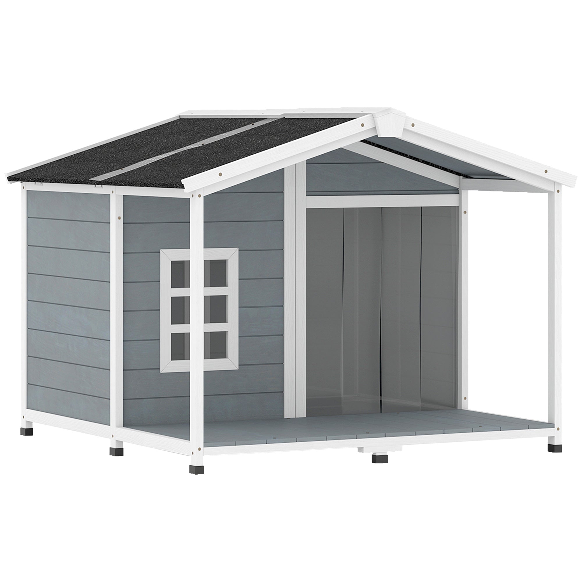 Vejrbestandigt Hævet Træhundehus Med Asfalttag Og Terrasse  Til Mellemstore Hunde  103x107x83 5cm  Grå