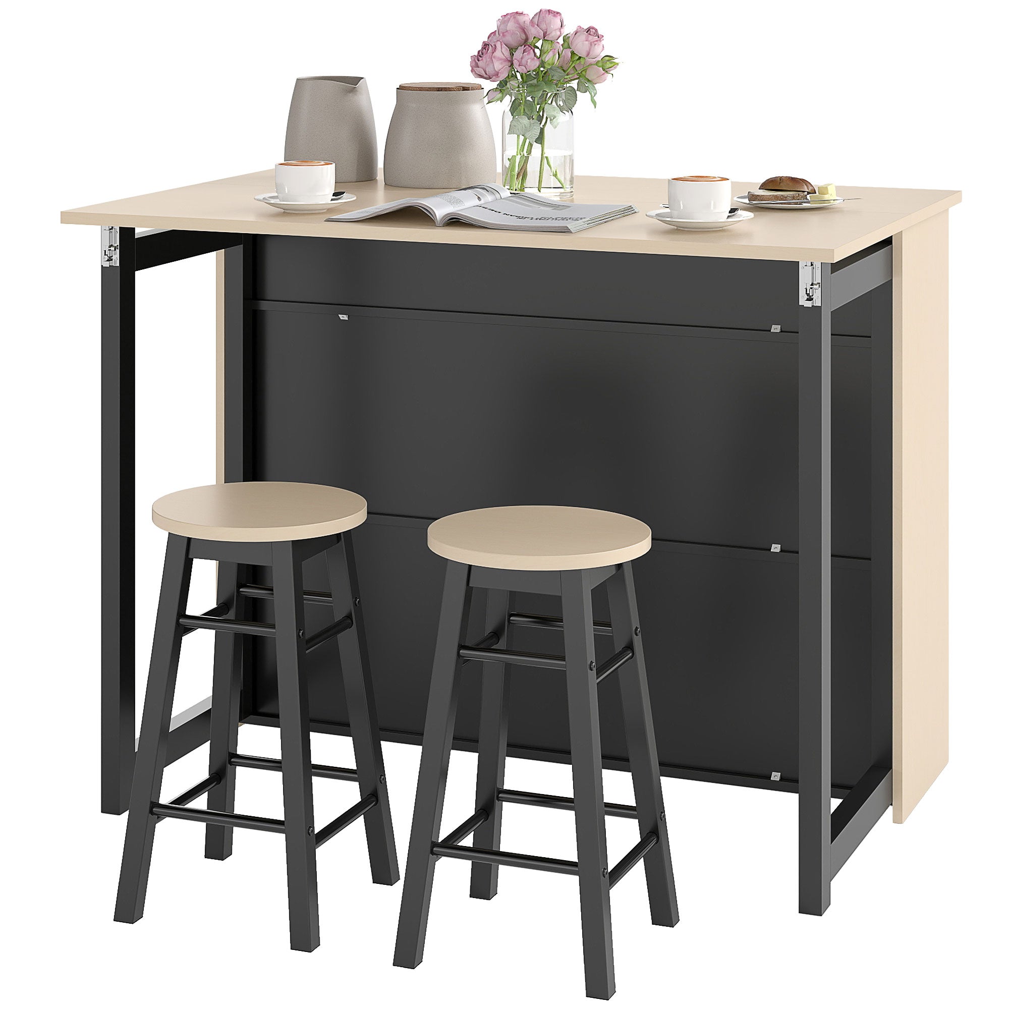 -delt Barsæt  Barbord Med Foldbar Bordplade    Barstole    Opbevaringsrum  Sort   Eg  116   70   89   Cm