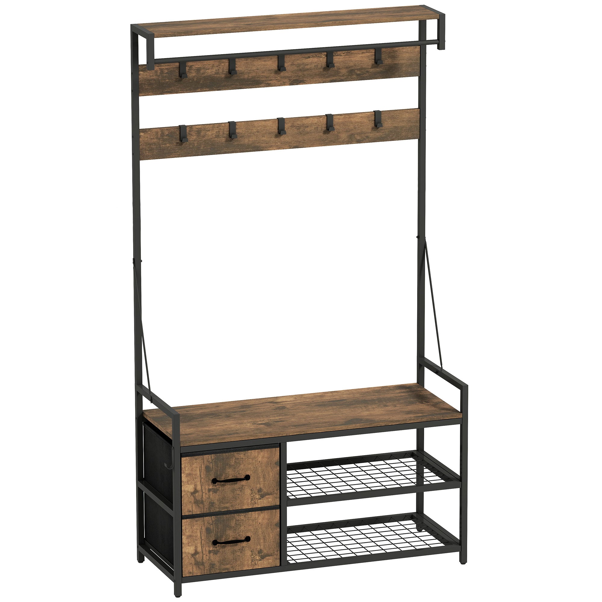- - Knagerække Med Skohylde Industriel Stil 10 Kroge Stofskuffer Metal Brun